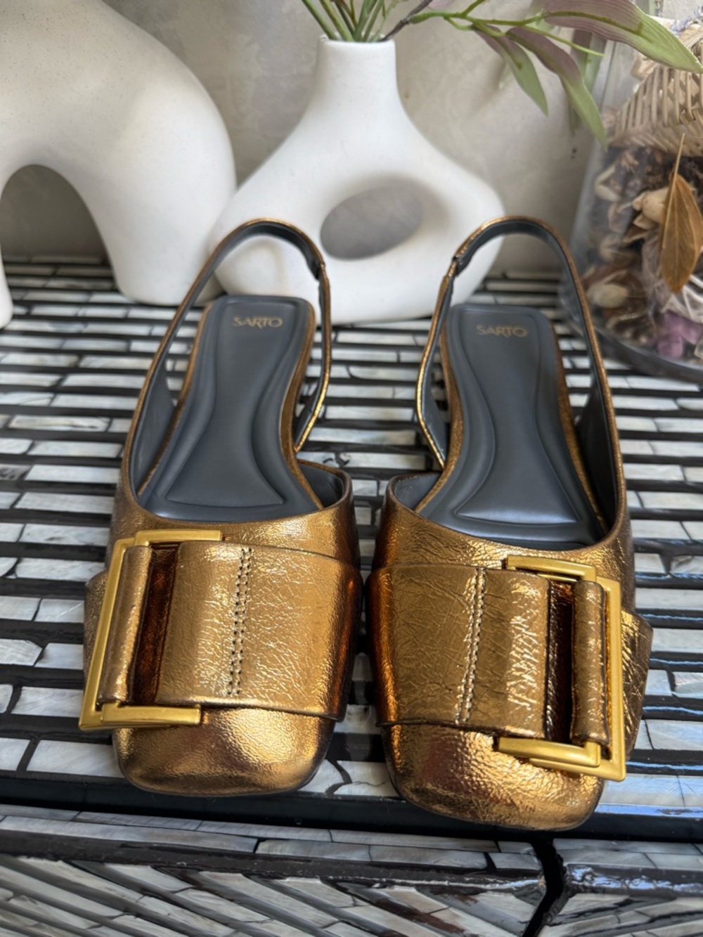 Sarto Metallic Gold Buckle Slingback Flats